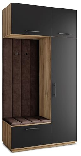 Masseno Flugarderoben Set Rema, Kleiderschrank-Set mit Sitzbank, Garderobenschrank Flur mit 5 Regalböden, Eiche Wotan/Schwarz