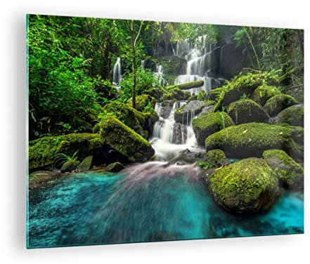 Moderne Impression sur Verre parc cascade eau Image Tableau en Verre Decoration Murale 70x50cm Deco Cadre Salon Chambre Cuisine Horizontal Petit Tableaux Decoratifs Muraux Art Wall Decor GAA70x50-3754