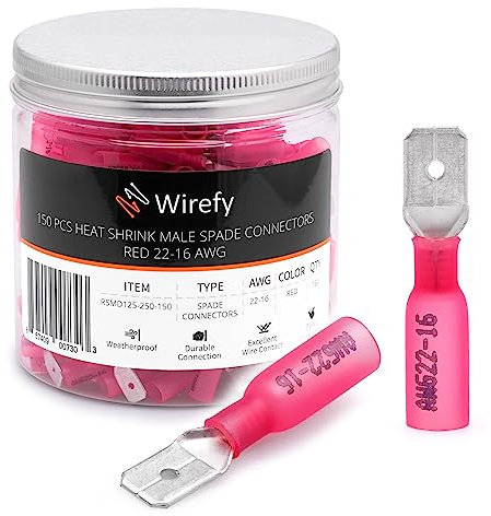 Wirefy Rote Schrumpfverbinder Flachstecker Isoliert - Kabelschuhe Männliche Flachstecker Sortiment - Quetschverbinder Kfz - 0,5-1,5 mm² - 150 Stück