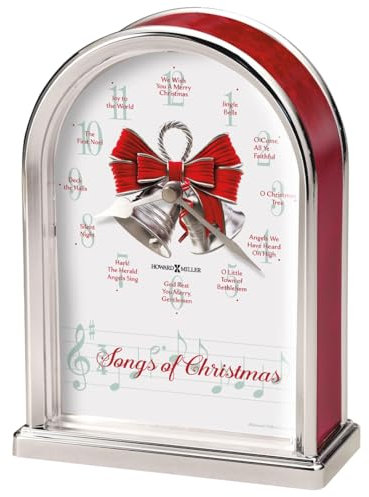 Howard Miller Songs of Christmas Tischuhr, dekorativ, silberfarben, Bogen, analog, Regal-Uhr, batteriebetrieben, Weihnachtsmelodie, Schreibtischuhr für Wohnzimmer, Kaminsims, Tisch und Regaldekoration