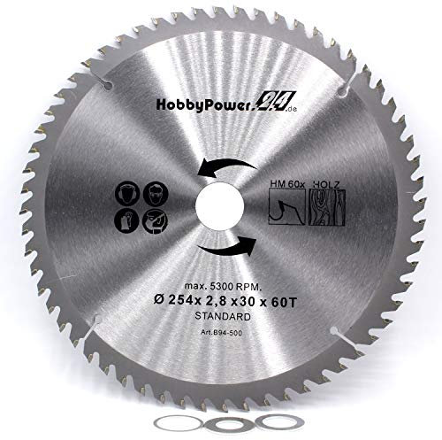 1 Kreissägeblatt Sägeblatt 254x30mm 60 Zähne + 3 Reduzierringe auf 25,4/20 / 16 mm für Metabo Kappsäge KS 254 Plus, Kappsäge KGS 254 M