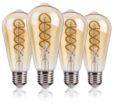 FLSNT E27 LED Warmweiss Ersetzt 40W, ST58 Retro LED Spiral Filament Glühbirne E27 Vintage, 4W Edison Vintage Glühbirne, 250LM Leuchtmittel 2200K Warmweiss, nicht dimmbar, CRI90, 4 Stück