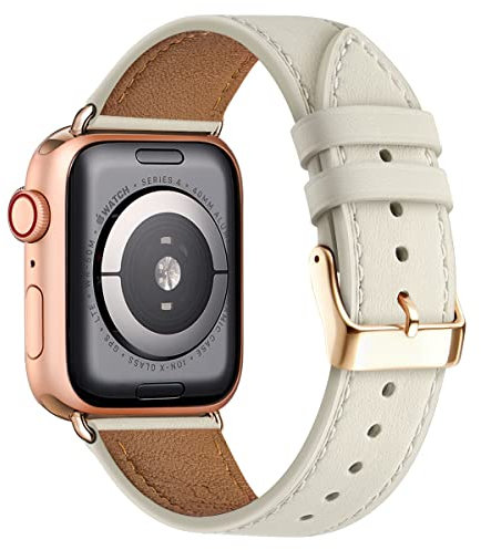 QAZNZ Leather Straps for Apple Watch 44mm 45mm 49mm 42mm 46mm, Men Women Replacement Genuine Leather Strap Series 10 9 8 7 6 5 4 3 2 1 & iWatch SE,Ultra Ultra 2 (44mm, Ivory white/Rose gold)