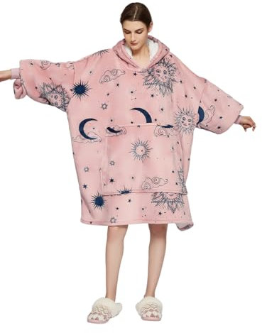 Sedefen Plaid Couverture Polaire avec Manches,Sweat-Shirt à Capuche avec Poches Portables,Confortable Flanelle Douverture TV Femme Homme,Hiver Chaud Sherpa Adulte,Rose Orangé,Élément Solaire