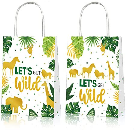 Papiertüten mit Henkel, 12 Stück Geschenktüten, Geschenktüte Kinder, Dankeschön Geschenktaschen mit Griffen, Candy Tüten, Dschungeltierthema, für Hochzeit, Geburtstag Partys, Weihnachten