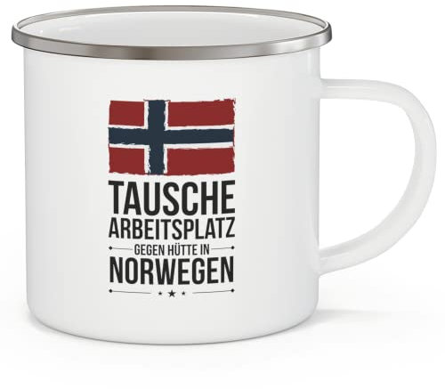 Premium Emaille Tasse | Tausche Arbeitsplatz gegen Hütte in Norwegen | 300ml Kapazität