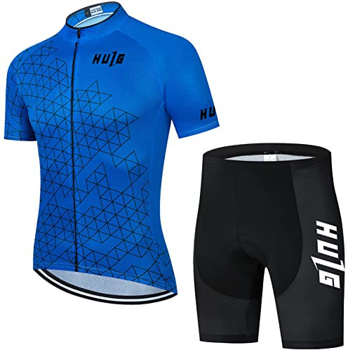 HULG Herren Radtrikot Set Fahrrad Kurzarm Set Trikot + 9D Cushion Radlerhose Sommer Atmungsaktiv Fahrradtrikot Für Rennrad MTB (Blue-03,L)