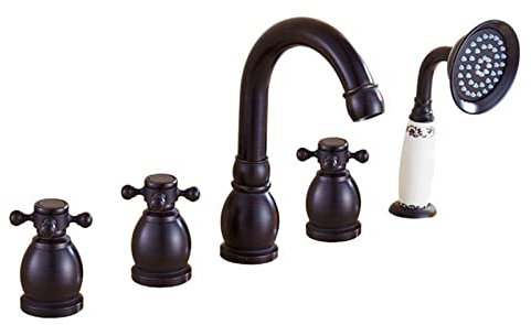 Wannenarmatur Antikschwarzer Messing Badewannenarmatur Mit Handbrause, 3-Loch Deckmontage 5-Teiliges Duscharmatur Set, Badarmatur Mit DREI Griffen Für Heißes Und Kaltes Wasser