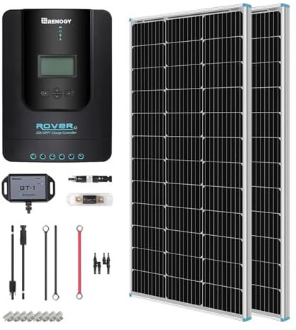 Renogy 200W Solar Panel Kit, 12V / 24V Mono Solar Kit with 20A MPPT Charger Controller/Bluetooth Module/Adaptor Kit/Tray Cables/Fuse Cable/Mounting Z Brackets/ANL Fuse/Branch Connectors