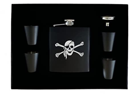 Funny Pirate Stainless Steel Hip Flask Premium Boxed Gift Set Matte Black Makes a Great Gift For Him Dad Father Gag Joke Gift Skull and Crossbones