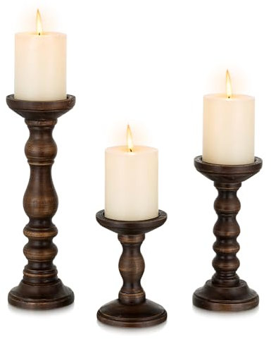 Candeldo Kerzenständer Holz Deko Kerzenhalter: 3 Stück Braun Vintage Kerzenhalter Tischdeko Weihnachten Wohnzimmer Esstisch Landhausstil Dekoration Groß Kerzenständer für Stumpenkerze Teelicht