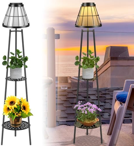 Solgicar 45.4'' Metal Outdoor Solar Floor Lamps with 2 Plant Stand, Waterproof Solar Lights Plant Stand for Patio Deck Yard Garden Porch- Black