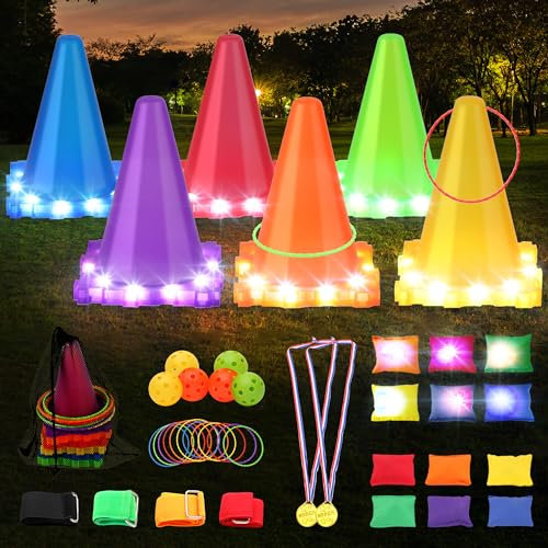42PCS Karnevalsspiele für Kinder mit LED-Licht, Hindernisparcours-Spielset - Ringwurfspiel, Bohnensäcke, Kegel - Outdoor-Spielzeug für Kleinkinder, Kinderspiel für drinnen, Kinderparty Cornhole Set