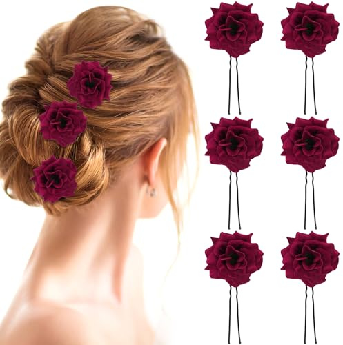 UHONEMY 6pcs Red Rose Flower Hair Clips U Shape Bridal Wedding Hair Pins Vintage Rose Hair Accessories Floral Head Hairpin for Women Girls Bridal Wedding Prom Party