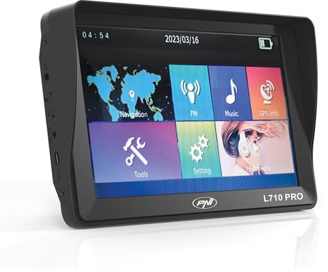 Sistema de navegación GPS PNI L710 Pro con Parasol, 7 Pulgadas, 800 MHz, 256MB DDR, 16GB de Memoria Interna, transmisor FM, con Dos Fuentes de alimentación de Coche Incluidas
