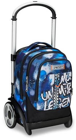 SEVEN Schultrolley Tyre Maxi Räder, Schulranzen, Blau, Retrocolor, 3 in 1, Dreifachverwendung, Rucksack mit abnehmbarem Wagen und Crossover System, für Reisen, Kinder Jungen, Taglia unica