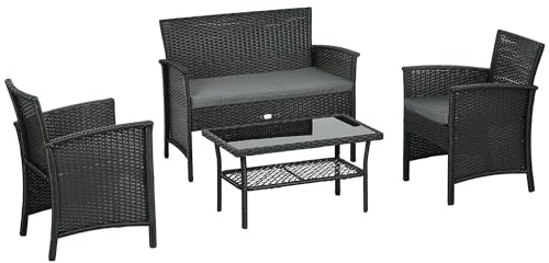 Outsunny Salotto da Esterno in Rattan PE da 4 Pezzi, Salottino da Giardino con Divanetto 2 Posti, 2 Poltrone con Cuscini e Tavolino in Vetro, Nero e Grigio