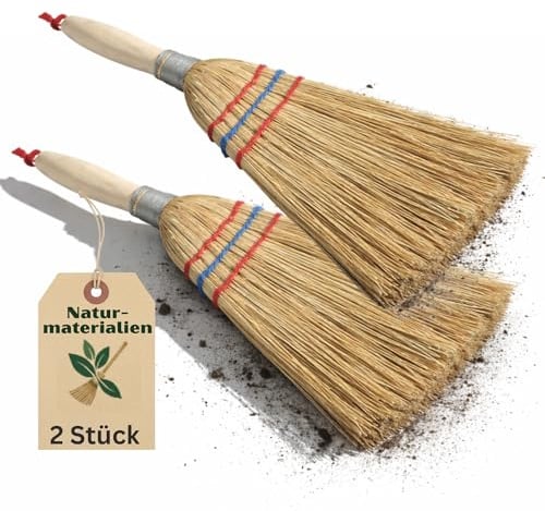 Novatool 2X Kleiner Besen Reisigbesen mit Stiel kurz 28cm Strohbesen Kinder Hexenbesen klein Garden Broom MINI Besen klein IDEAL als Kinderbesen & Campingbesen