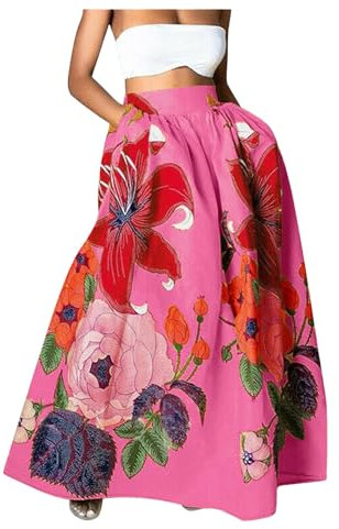 Maxirock Damen Blumen High Waist Party Lang Rock mit Tasche Blumenmuster Swing Strandrock Festlich Rock Hochzeit Cocktail Langrock (A-Pink, M)