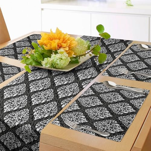 ABAKUHAUS Damast Tischläufer & 4 Stück Tischsets, Klassische Zeitlose Laub Blätter mit viktorianischen inspiriert wirbelt und Locken, Tischdeko-Set, 180 x 40 cm, Weiß Schwarz und Grau