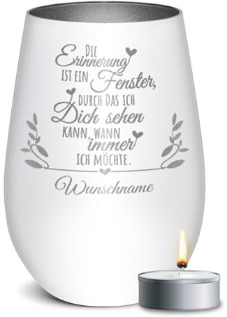 PR Print Royal Trauer Windlicht mit Gravur - Die Erinnerung - mit Name gravieren - Trauergeschenk, Gedenklicht, Geschenke für Trauernde | inkl. Teelicht, 450 ml, Weiß/Silber