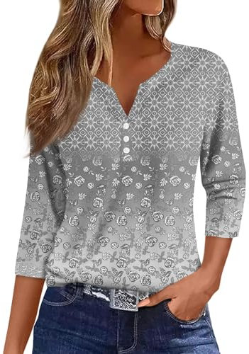3/4 Sleeve Tops for Women Uk Button Down Floral Print Three Quarter Sleeve Tops V Neck Henley Shirt Loose Fit Summer Tops Stylish Going Out Tops Elegant Ladies Tops Outdoor Tops Casual Tops