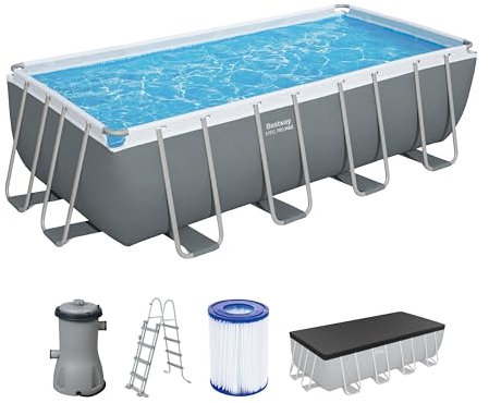 Bestway Steel Pro MAX Frame Pool Komplett-Set, 488 x 244 x 122 cm, 11.532 Liter, 3-lagiges TriTech-Material, Filterpumpe 3.028 l/h, Sicherheitsleiter, Abdeckplane, Grau, Fliesenmosaik-Optik