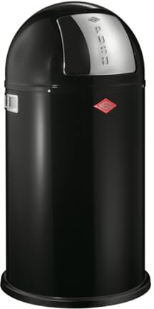 Wesco Pushboy Mülleimer in der Farbe schwarz, pulverbeschichtetes Stahlblech, 50 Liter Volumen, große Edelstahlklappe, herausnehmbarer Innenbehälter