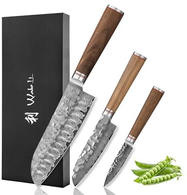 Wakoli Nussbaum 3er Messerset, Santoku & Officemesser, 67 Lagen Damaststahl | Küchenmesser-Set mit VG10-Kern, Nussbaumholzgriffen & Hammerschlag; V-Schliff 15° je Seite, 60±2 HRC, verpackt in Geschenkbox