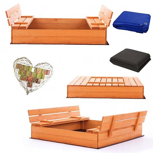 Sandkasten Imprägniert Rosa 120 x 120 Premium Sandbox mit Abdeckung Sitzbänken Deckel Plane Sandkiste Holz Kiefer Sandkastenvlies