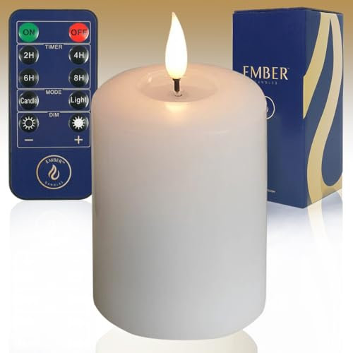 Ember Candles™ 10cm Signature White LED Flickering Battery Candle – 100% Real Wax, Ultra-Realistic, Flameless, Hand-Poured Design, 6-Hour Timer for Safe Indoor Use (Without Remote Control)