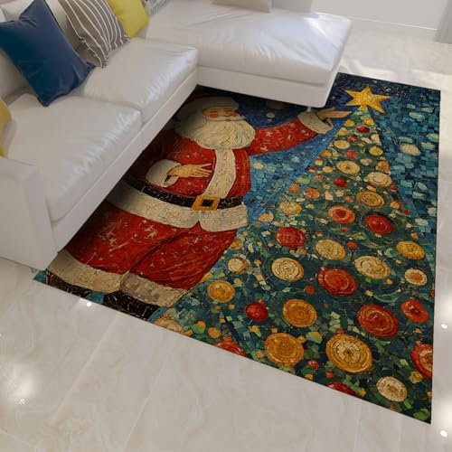 BYLEEHOMED Tappeto vintage natalizio 60x120cm Tappeto colorato antiscivolo per albero di Natale per cucina Tappeto impressionista lavabile per soggiorno