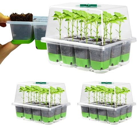 JIUJITSAW 36 Zellen Anzuchtset Mini Gewächshaus, 3 Stück Anzuchtkasten Zimmergewächshaus mit Silikon-Zellen, Belüftungshaube für Pflanzenanzucht (Grün)