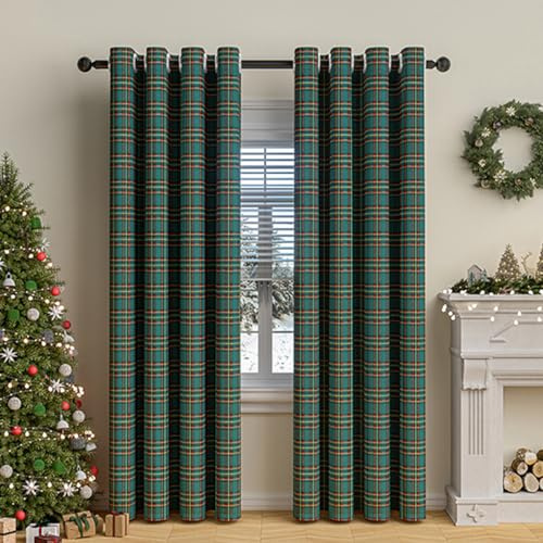 Tokusyou Kariert Gardinen Blickdicht Vorhang Karo Muster Landhausstil Vintage Grün Gelb Verdunklungsvorhänge mit Ösen Weihnachten Dekoschal für Wohnzimmer Schlafzimmer, 1er Set H244 X B132cm