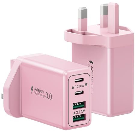 2-Pack USB C Plug Fast Charge, 40W 4-Port USB C Charger Plug UK Dual Type C PD Power Adapter+QC USB Wall Plug, Multi Charging Plug for iPhone 17 16 15 14 13 12 11 Pro Max Plus, Samsung, Google Pixel