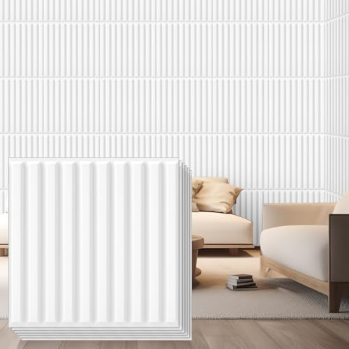 Nuanchu 32 Pcs 3D Slat Wall Panels 12 x 12 Inch PVC Fluted Textured Panel Cuttable Glue up Wall Art Decorative Tiles for Ceiling Studio Bathroom Interior TV Background (White)