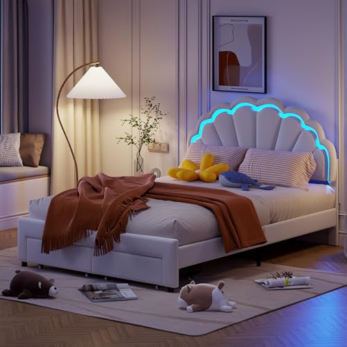 Mutuolux Lit LED 140x200 cm avec 2 Tiroirs de Rangement et Tête de lit Coquille -Blanc Velours, Éclairage RGB Réglable et Gain d'Espace,Convient aux Filles et aux garçons (sans Matelas)