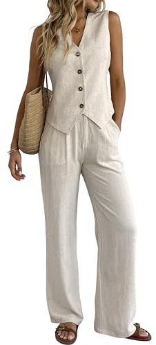 Fakanhui 2 pezzi vestito da donna in lino estivo gilet completo completo gamba larga pantaloni business tempo libero vacanza set lavoro