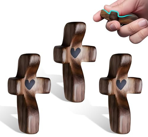 3 Stück Geschnitztes Handschmeichler, 50 x 25 mm Klein Holzkreuz, Handschmeichler Holzkreuz mit Herzen, Handschmeichler Holz, Tragbares Gebetskreuz Geschenkartikel, Für Andachtsgebete Taufe Kommunion