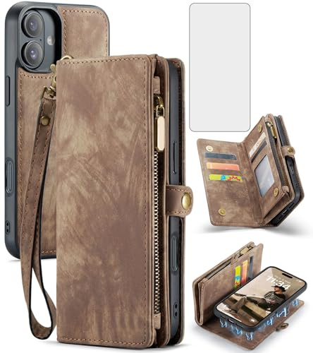 Asuwish Phone Case for iPhone 16 6.1 inch Zipper Wallet Magnetic Detachable Cover with Tempered Glass Screen Protector and PU Leather Flip Credit Card Holder Cell i Phone16 i16 16Case Women Men Brown