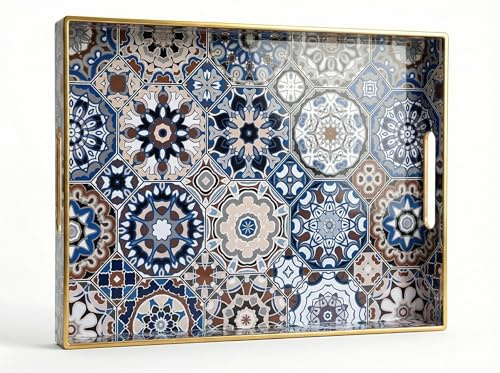Simmer Stone Rectangular - Plastic Decorative Tray with Handles Modern Vanity Serving For Ottoman, Coffee Table, Kitchen And Bathroom 15.7 x 11.8 Inch (Blue Bohemian)