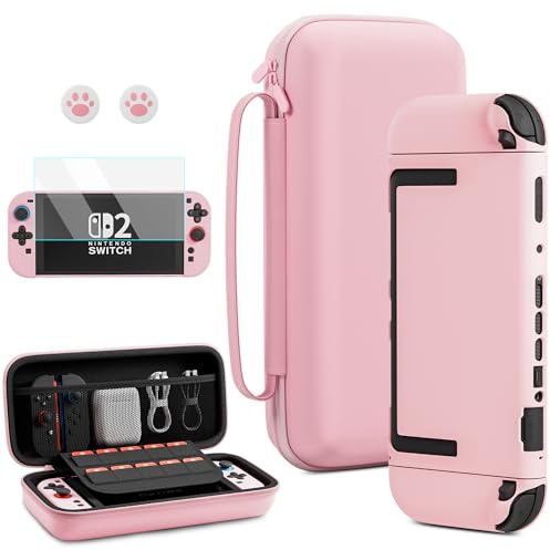 RHOTALL Étui de transport rose pour Nintendo Switch 2 (2025) 7,9 pouces - Sac de voyage de protection portable avec 10 compartiments pour cartes à jouer - Coque rigide pour Switch 2 - Protection