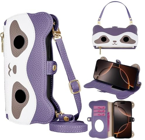 Rnrieyta Crossbody Reißverschluss Cute Bär Makeup Spiegel Handyhülle für Huawei P30 Lite,Flip Case PU Leder Handykette Magnetverschluss Brieftasche Kartenfächern Tasche