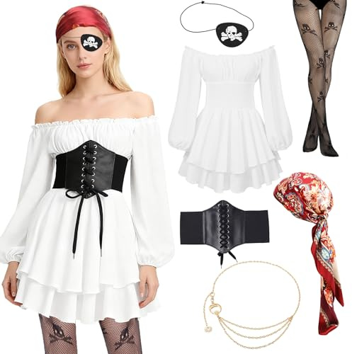 Costume Pirate Femme Robe Medievale Épaules Dénudées, Ceinture Corset, Squelette Bas Cache Oeil, Bandana, Sexy Deguisement Pirate Femme Halloween Accessoire Carnaval Adulte Cosplay Renaissance L