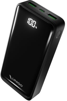 UNIQO Power LCD 20K, PowerBank 20000mAh, Power Delivery 22.5W (PD 3.0 PPS), Pantalla LCD, USB-C, USB-A, Power Bank con Carga Rápida, para iPhone, Cargador Portátil de Viaje, Negro