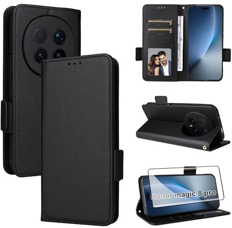 Rojeuinn Hülle für Honor Magic 8 pro 5G Handyhülle+ 1 Stücks panzerglas-Hülle Stoßfest Case Cover-Handy Case in Premium Kohlefaser [Klappbar Flip] [Standfunktion Tasche] -Schwarz