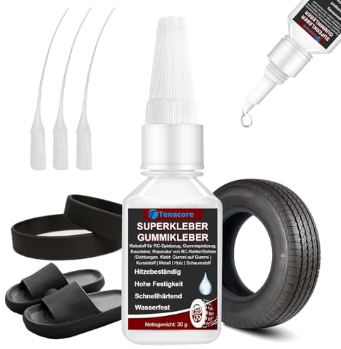 Tenacore Gummikleber 30 g, transparenter Sekundenkleber für Gummi | Schnell haftend, mit feinen Applikatorspitzen; für Gummi, Leder, Kunststoff und Metall, für präzise Reparaturen