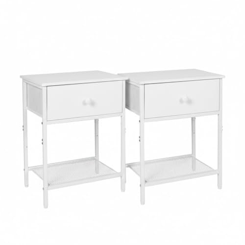 Relaxdays Nachttisch 2er Set, Schublade & Ablage, HBT: 55x40x30 cm, modern, Holzoptik, Metall, Nachtschrank, weiß