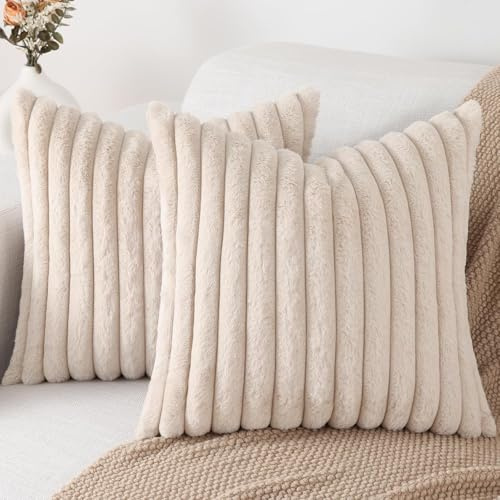 Homaxy Kunstfell Kissenbezug 40x40 2er Set, Beige | Deko Weich Flauschige Gestreift Kissenhülle, Plüsch Sofakissen Dekokissen Couchkissen für Wohnzimmer Schlafzimmer Sofa