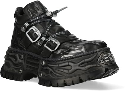 New Rock Stivali alla caviglia NEWWALL020-C4 unisex in pelle nera, stile gotico biker, platform punk.